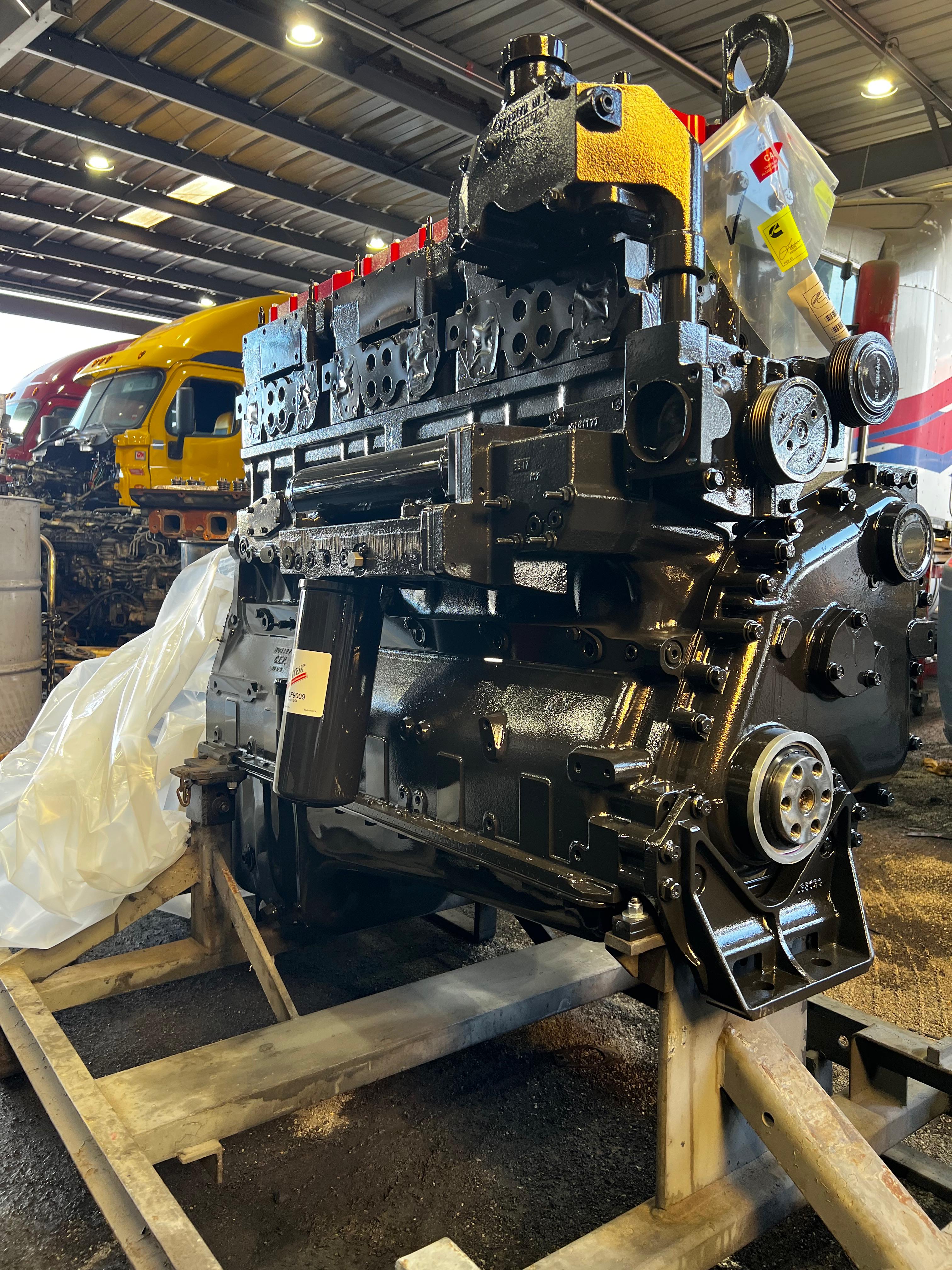 Freshly rebuilt heavy-duty engine inside the Somet Truck Center shop
