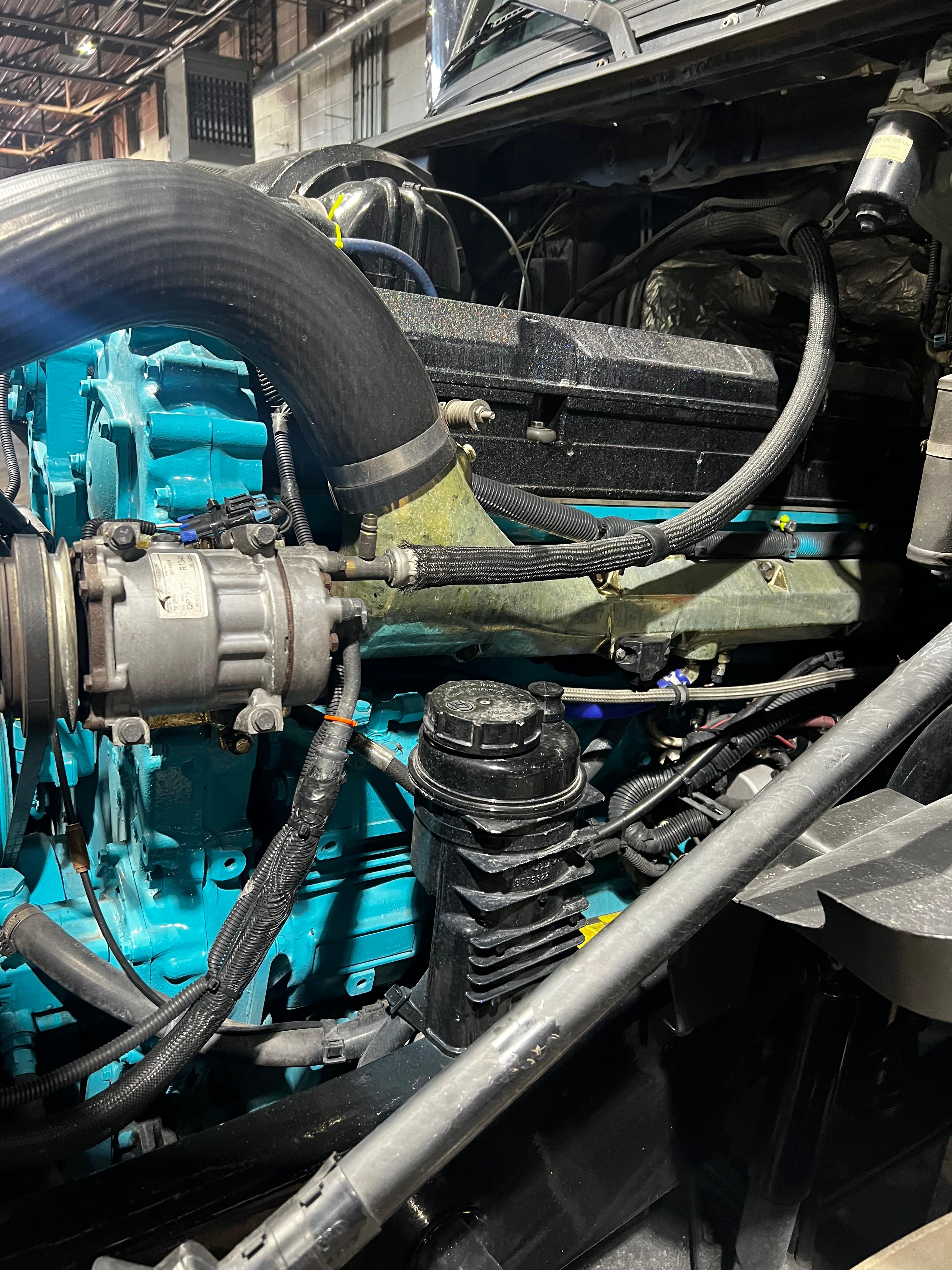 Close-up of truck engine components being serviced at Somet Truck Center
